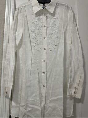 Rena Lange White Embroidered Long-Sleeve Button-Down Shirt